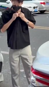 MR Korean mens short sleeved casual shirt Business formal shirt Mint smooth loose polo shirt(5015)