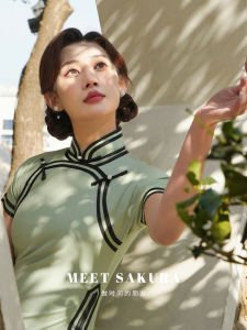 Young Girls Green Traditional Chinese Style Qipao Full Open Collar Improved Version Daily Wear Summer Season Polyester Blend