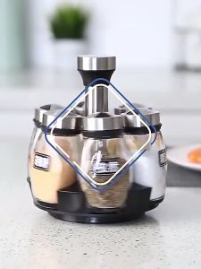 Set Botol Rempah Berputar Spice Jar Set Rack Glass Peper Sprays Bottles Rotating Seasoning Sugar Pepper Salt旋转底座调料瓶7件套