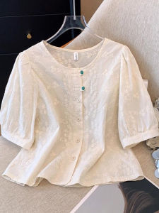 Pure Cotton Chinese Style Bubble Short Sleeve Shirt round Neck Loose Fit Summer New Arrival Womens Fashionable Top Small Shirt