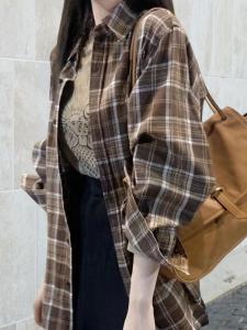 Basic House | Brown Checkered Thick Flannel Womens Blouse Jacket