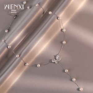 WENXI | Rose Pink Pearl Necklace Ins Style Butterfly Pendant