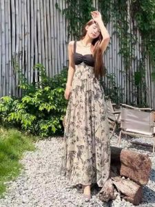 New Chinese Style Watercolor Floral Print Beach Dress Womens Summer Slimming Strapless Long Skirt V-neck A-line Gown