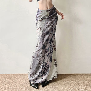 กระโปรงทรงเอเอวต่ำลายดอกไม้สไตล์ย้อนยุค กระโปรงทรงเอเอวสูงสำหรับผู้หญิง ทรงเข้ารูป ฤดูใบไม้ร่วง 2024 กระโปรงทรงเอเอวสูง