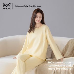Miiow | Antibacterial Pure Cotton Sleepwear Womens Casual Long Sleeve Home Clothes MiiOW Cat Person 2025 New Style Korean Simple Design