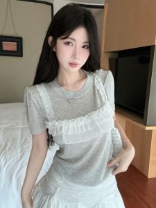 GUZILIAN | เสื้อถักแขนสั้นผู้หญิงสไตล์ฝรั่งเศส ดีไซน์ฤดูร้อน ทรงเข้ารูป ผ้าลูกไม้ ผ้าฝ้ายผสมโพลีเอสเตอร์ ทรงเข้ารูป