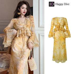Happy Diva ชุดเซ็ท 2 ชิ้น ผญ  เสื้อคลุมกันแดด+เดรสสายเดี่ยว เดรสสีเหลือง เดรสชีฟอง เดรสลายดอก เดรสเดรสผู้หญิง เดรสเซ็กซี่ เดรสเกาหลี 20383