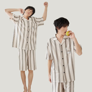 Pure Cotton Summer Thin Short Sleeve Cartoon Home Clothes Set for Men Sleepwear Brief Comfortable Breathable Youth Size