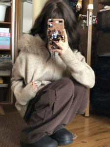 เสื้อสเวตเตอร์ถักมีฮู้ดแบบหนาสำหรับผู้หญิง ฤดูใบไม้ร่วง/ฤดูหนาว ทรงสลิมฟิต แขนยาว ปกขนสัตว์ แฟชั่น อบอุ่น แขนยาว ปกขนสัตว์