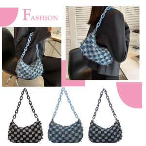 MOJOYCE Vintage Denim Women Shoulder Bags Blue Checked Acrylic Chain Female Handbag