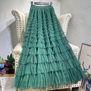 Khaki Tiered-Ruffle Long Dress Ruffles Gauze Skirt Fairy Temperamental Skirt 2024 Slim Looking High Waist Type a Tulle Skirt