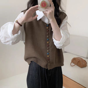 Retro Stylish Rainbow Button Knit Sleeveless Sweater