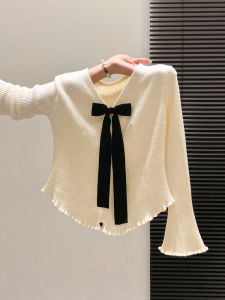 LUOSHAO | Youthful V-Neck Knit Sweater with Wooden Ear and Bow Tie Long Sleeve