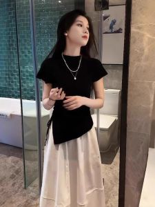 Áo Thun Nữ Tay Ngắn Cổ Tròn Màu Đen Thời Trang Mùa Hè Phong Cách Hàn Quốc Tay Lửng Cổ Tròn Tay Ngắn Chất Liệu Cotton Phong Cách Đường Phố