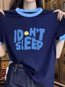 ผู้หญิง ผ้าฝ้าย เสื้อยืดแขนสั้น ฤดูร้อน คอกลมใหม่ ลายพิมพ์ตัวอักษร บล็อกสี หลวม ทันสมัย เสื้อท่อนบน เสื้อผ้าทํางานสุภาพสตรี