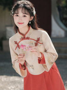 New Chinese Style Two-Piece Set Womens Dress Traditional National Fashion Roaring Twenties Skirt Long Sleeve High Waist