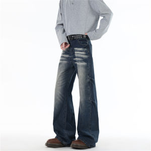 Retro American Washed Mens Jeans Spring Autumn Straight Loose Crease Cat Design Sensation Floor-Length Pants Street Style