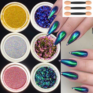 6Jars Chameleon Magic Mirror Nail Art Powder+Glitter Sequins Holographic Chrome Pigment Dust UV Gel Polish Manicure Decorations