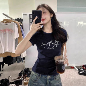 CHOEFULYN | Stylish Bow Print Square Shoulder T-shirt