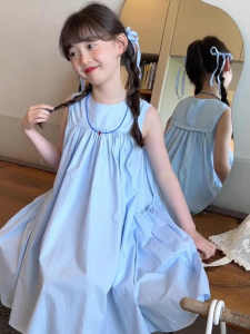 Girls Summer Sleeveless Dress Pure Cotton Princess Vest Skirt High Waist Korean Style School Uniform Short Sleeve Midi Skirt