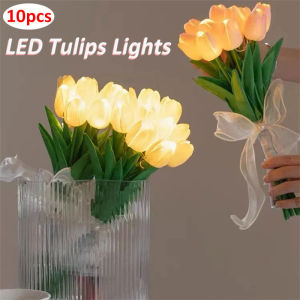 10pcs Tulips with LED Light Artificial Flowers Table Lamp Simulation Tulips Bouquet Night Light for Home Decoration