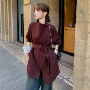 Ankela Red Stand Collar Coat Women Spring Autumn 2025 New High-End Waist-Cinching Elegant Maturity Style Korean Casual Loose Fit