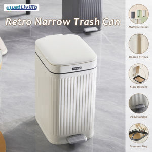 JustLiving 7/8.5L Slim Bathroom Trash Can with Lid Step Garbage Can Pedal Wastebasket Press Lid Trash Can Narrow Rectangle Garbage for Narrow Office/ Kitchen/ Bedroom/ Toilet