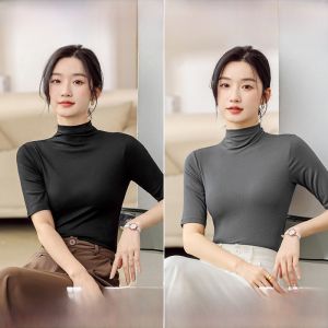 Miiow | Slim Fit Short Sleeve Mid Sleeve Base Shirt Womens Style Thin Summer Top Half High Collar Commute Style Autumn Initial Shirt