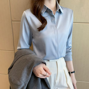 Elegant Long-Sleeve Womens Blouse in Satin Material with POLO Collar for Business Attire in Spring/Autumn Slim Fit and Wrinkle-Resistant