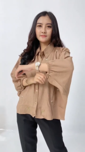 Blouse Polo Linen Bordir Elegan - Atasan Wanita Oversize Batwings