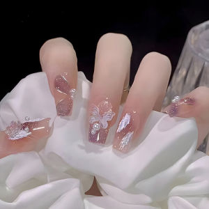 【COD】Aurora Warna Gradien 3D Kupu-kupu Kuku Palsu 24pcs Set DIY Instant Nail Art Fake Nails Bridal Wedding 24 pcs Kuku Palsu Stiker Kuku-💞Margot