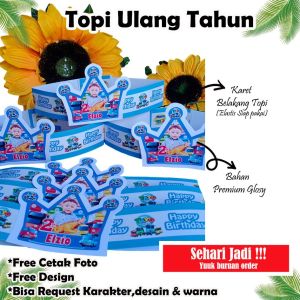 Topi ulang tahun isi 10-50 pcs+ desain foto anak(bisa request karater)Topi pesta/Topi ultah custom/Topi ulang tahun anak Bahan premium Glosy