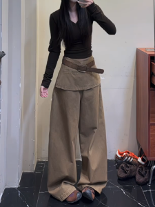 Retro Khaki Wide Leg Casual Womens Jeans Autumn Design Sense Loose Slimming Workwear Trousers High Waist Pocket Detail Denim