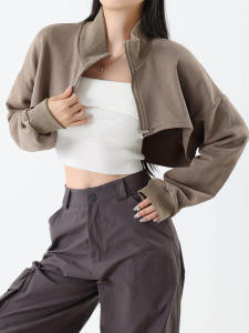 American Style Half Zipper Hoodie Women Long Sleeve Short Coat Jacket Street Style Loose Fit Cotton Blend Zipper Closure