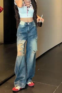 MANMI | Quần Jeans Mỹ Phong Cách Retro Đục Lỗ Dáng Rộng Cao Waist Slimming
