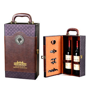 Luxury 2 Bottle Leather Gift Box for Red Wine with Accessories Set Portable Carrying Case with Tools Handle for Home Collection