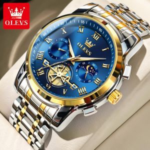 OLEVS Nam Thời Trang Đồng Hồ Thạch Anh Tourbillon Phong Cách Dạ Quang Chronograph Pha Mặt Trăng Đồng Hồ Đeo Tay Bằng Thép Không Gỉ Chống Nước