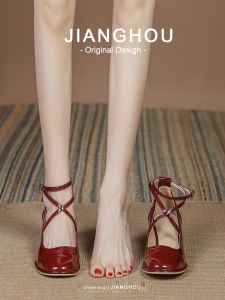 Cross-Band High Heels Mary Janes Comfortable Thick Heel Womens Shoes Red Wine Color Winter Fashion Single Shoes Leather