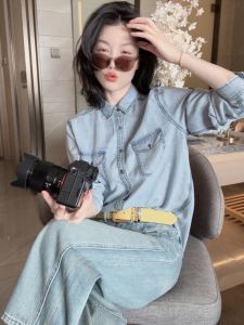 Early Spring Korean Style Soft Long Sleeve Denim Shirt Womens Top Vintage Draping Commute Friendly Versatile Female Clothing