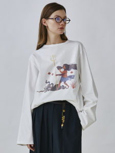 ROHEME French Style Womens T-shirt round Neck Long Sleeve Loose Fit Cotton Spring Autumn Red White Casual Wear Creative Print