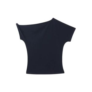 YUEZHONGWEI | เสื้อยืดแขนสั้นทรงเข้ารูปสไตล์ฝรั่งเศสสำหรับผู้หญิงในช่วงฤดูร้อน เสื้อแขนสั้นทรงเข้ารูปไม่สมมาตร ทรงสลิมฟิต เสื้อแขนสั้นคอเฉียง