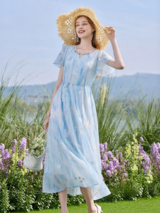 XIANGYING | Blue Dyed Short Sleeve New Summer Dress French Style Florals Embroidered Chiffon