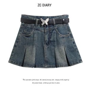 กระโปรงยีนส์ทรงเอเอวสูงสไตล์อเมริกันย้อนยุคสำหรับผู้หญิง ZC DIARY พร้อมแผ่นรองในสีพื้น กระโปรงสั้นทรงเอ