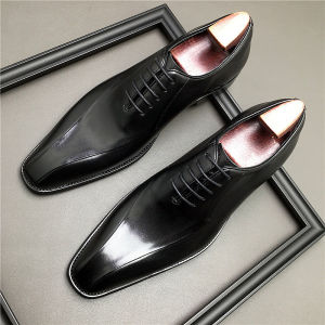 Business Formal Mens Leather Shoes British Pointed-Toe Authentic Leather Handmade Plus Size Work High-End Bridegroom Cowhide Oxford Shoes Fashion