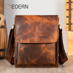 EDERN Retro Crazy Horse Leather Shoulder Bag for Men Cowhide Messenger Bag Large Capacity Fashion Casual Flap Crossbody Bag Sling Bag