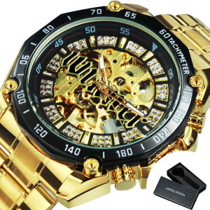 T-WINNER | WINNER Military Gold Watch for Men Luxury Brand Iced Out Skeleton Automatic Mechanical Watches Luminous Hands Stainless Steel