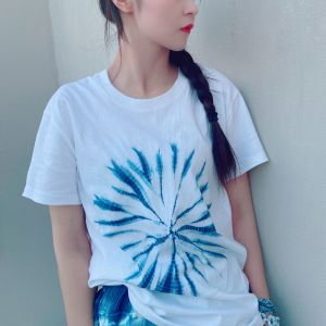 Yiche Tie-Dye Original Design Handmade Plant Blue Dyed Artsy Grass Dyed Fresh Pure Cotton Short Sleeve Matching T-shirt