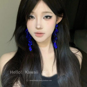Exaggerated Blue Petal Earrings Womens Vintage Tassel Dangle Korean Style High-End Lightweight Luxury Ear Studs Jewelry