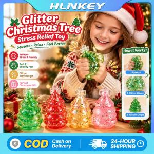 HLINKEY 2PCS Christmas Tree Glitter Squishy Toy 8cm TPR Stress Relief Fidget Toy Soft Stretchy Sensory Toy For Kids Adults Christmas Stocking Stuffers