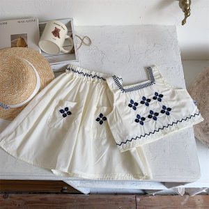 ชุดแขนกู้มีกระเป๋าสำหรับเด็กเสื้อแขนกู้ กระโปรงปักสองชิ้นสำหรับเด็กผู้หญิงอายุ 3-7 ปี